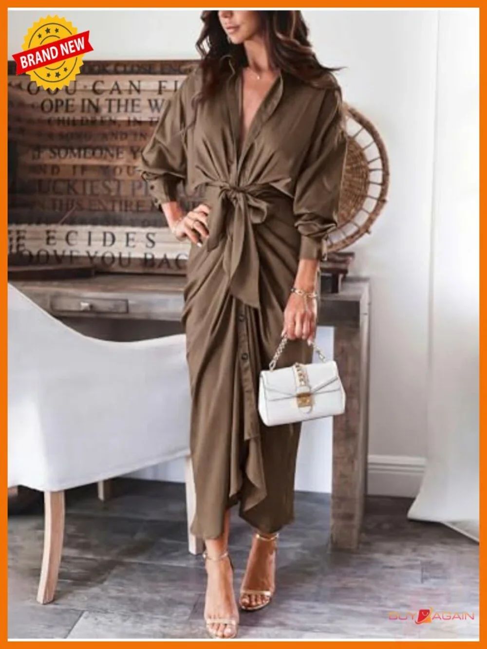 Women's Button Down Satin Maxi Dress Long Sleeve Tie Waist Ruched Party